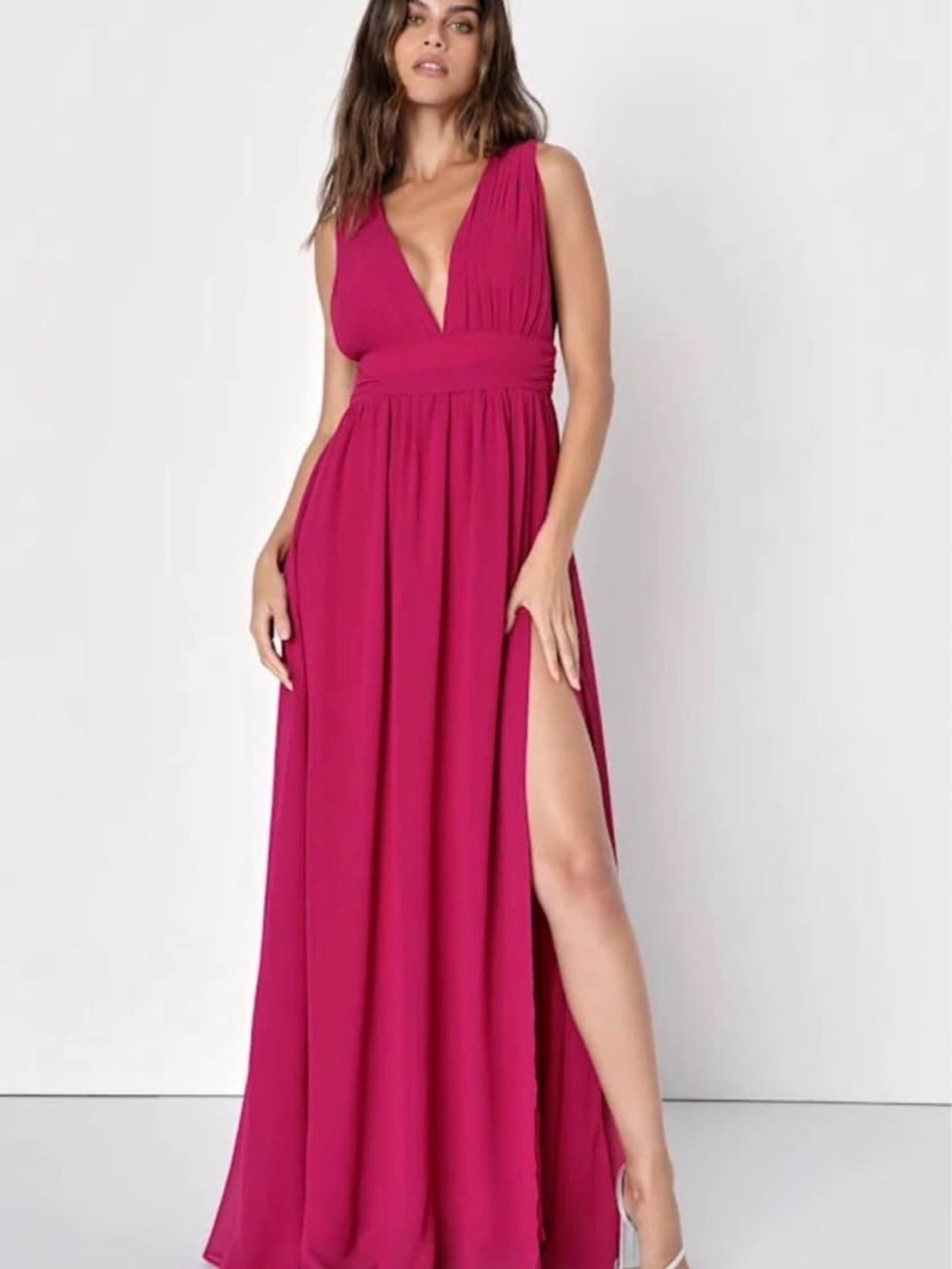 Lulu's Fuchsia Plunging V-Neck Maxi Gown with Side Slit